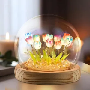 ONXE Birthday Gifts for Women, Flower Lamp Tulip Night Light for Bedroom Decor, Light Up Tulips in A Glass Dome for Girlfriend Wife
