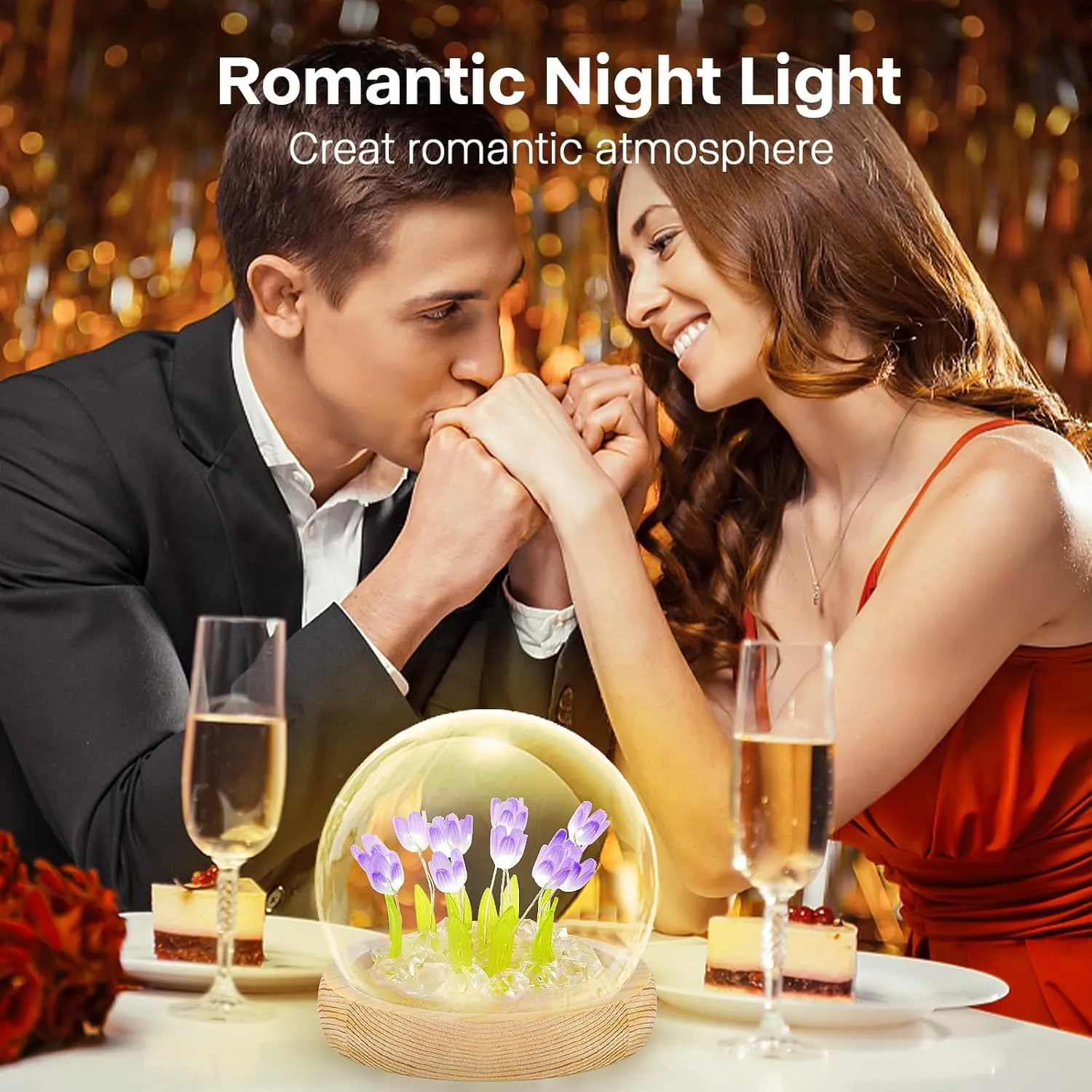 ONXE Birthday Gifts for Women, Tulip Night Light Glass Flower Lamp with Wooden Base for Home Decor Unique Romantic Gifts for Girlfriend Wife