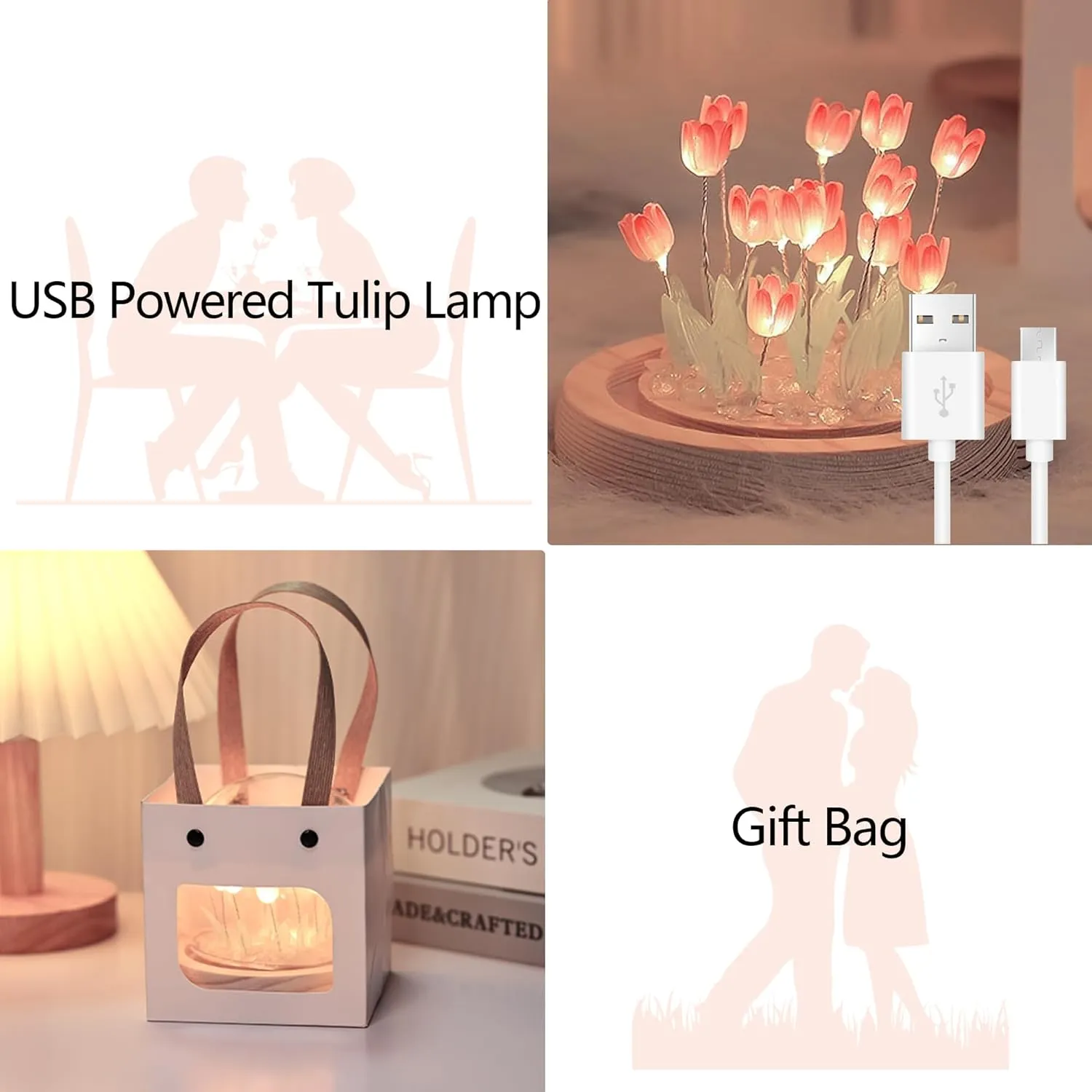 ONXE Birthday Gifts for Women, Tulip Night Light Glass Flower Lamp with Wooden Base for Home Decor Unique Romantic Gifts for Girlfriend Wife