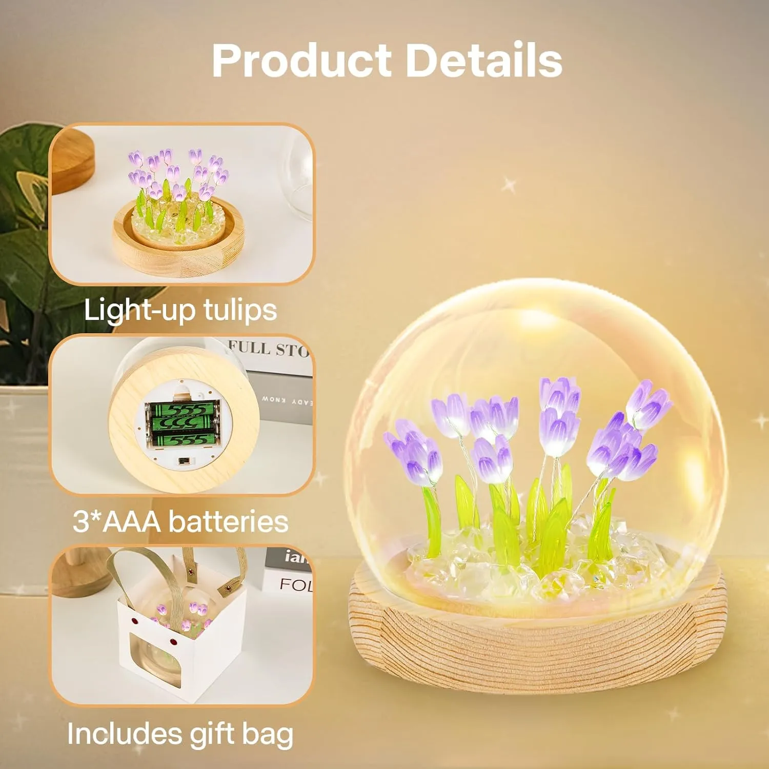 ONXE Birthday Gifts for Women, Tulip Night Light Glass Flower Lamp with Wooden Base for Home Decor Unique Romantic Gifts for Girlfriend Wife