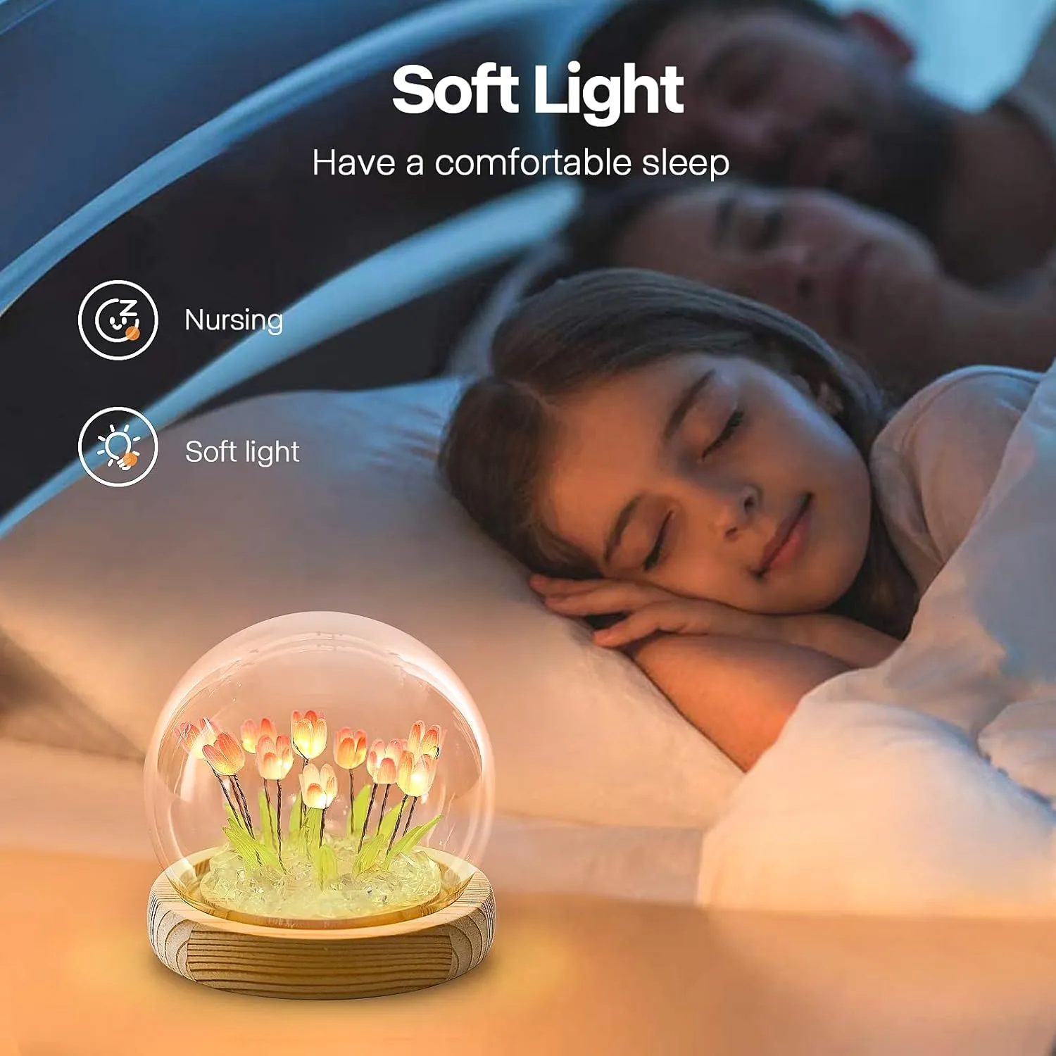 ONXE Birthday Gifts for Women, Tulip Night Light Glass Flower Lamp with Wooden Base for Home Decor Unique Romantic Gifts for Girlfriend Wife