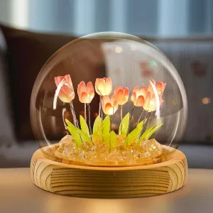ONXE Birthday Gifts for Women, Tulip Night Light Glass Flower Lamp with Wooden Base for Home Decor Unique Romantic Gifts for Girlfriend Wife
