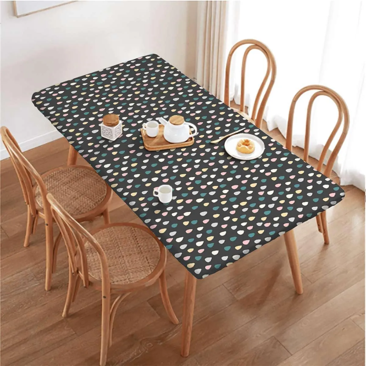 OOzie Multi Elastic Edged Table Covers Vintage Polka Dots on Grey Background Image Tablecloth Fitted Table Cloth Rectangle Table Droplets Fits up 5 Foot Tables