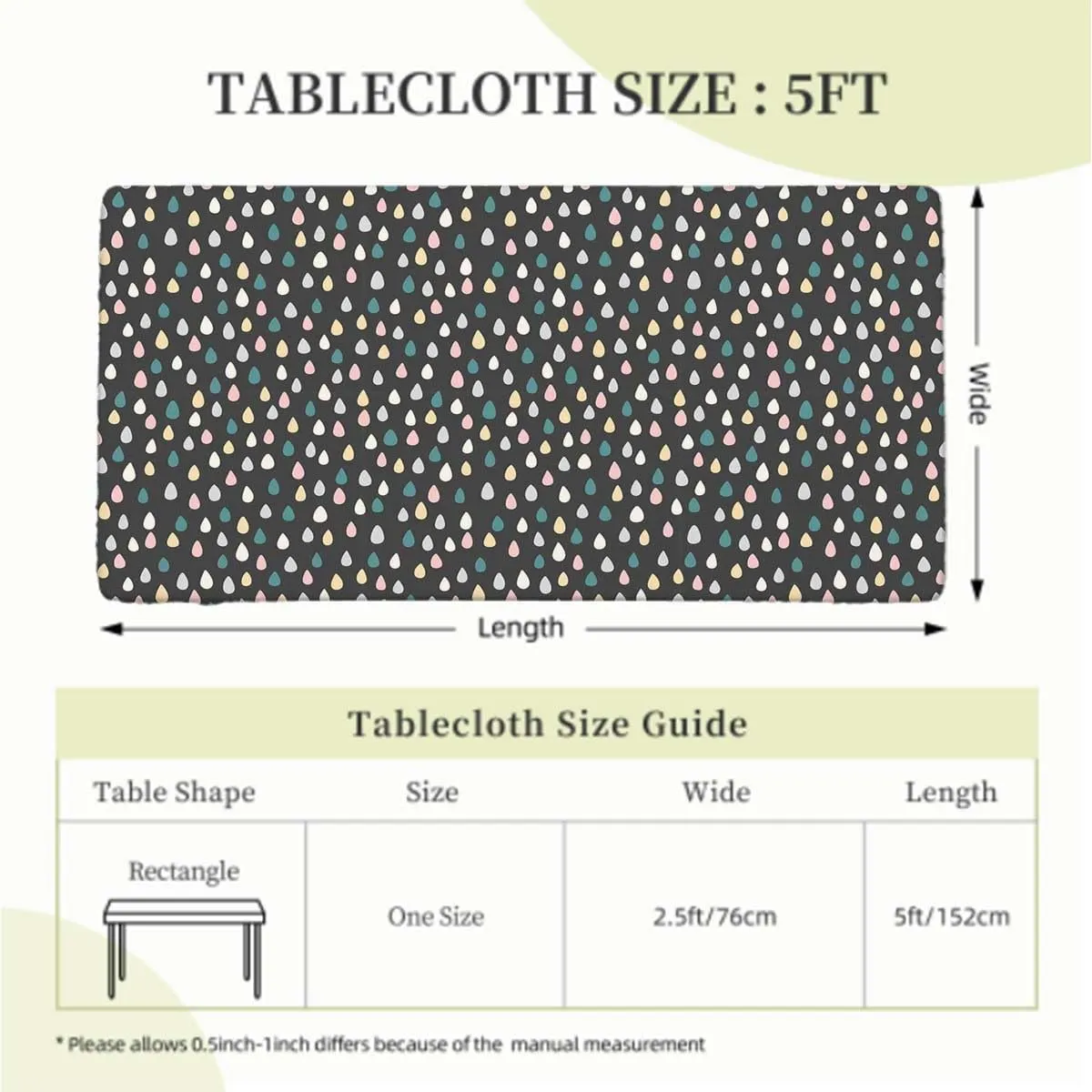 OOzie Multi Elastic Edged Table Covers Vintage Polka Dots on Grey Background Image Tablecloth Fitted Table Cloth Rectangle Table Droplets Fits up 5 Foot Tables