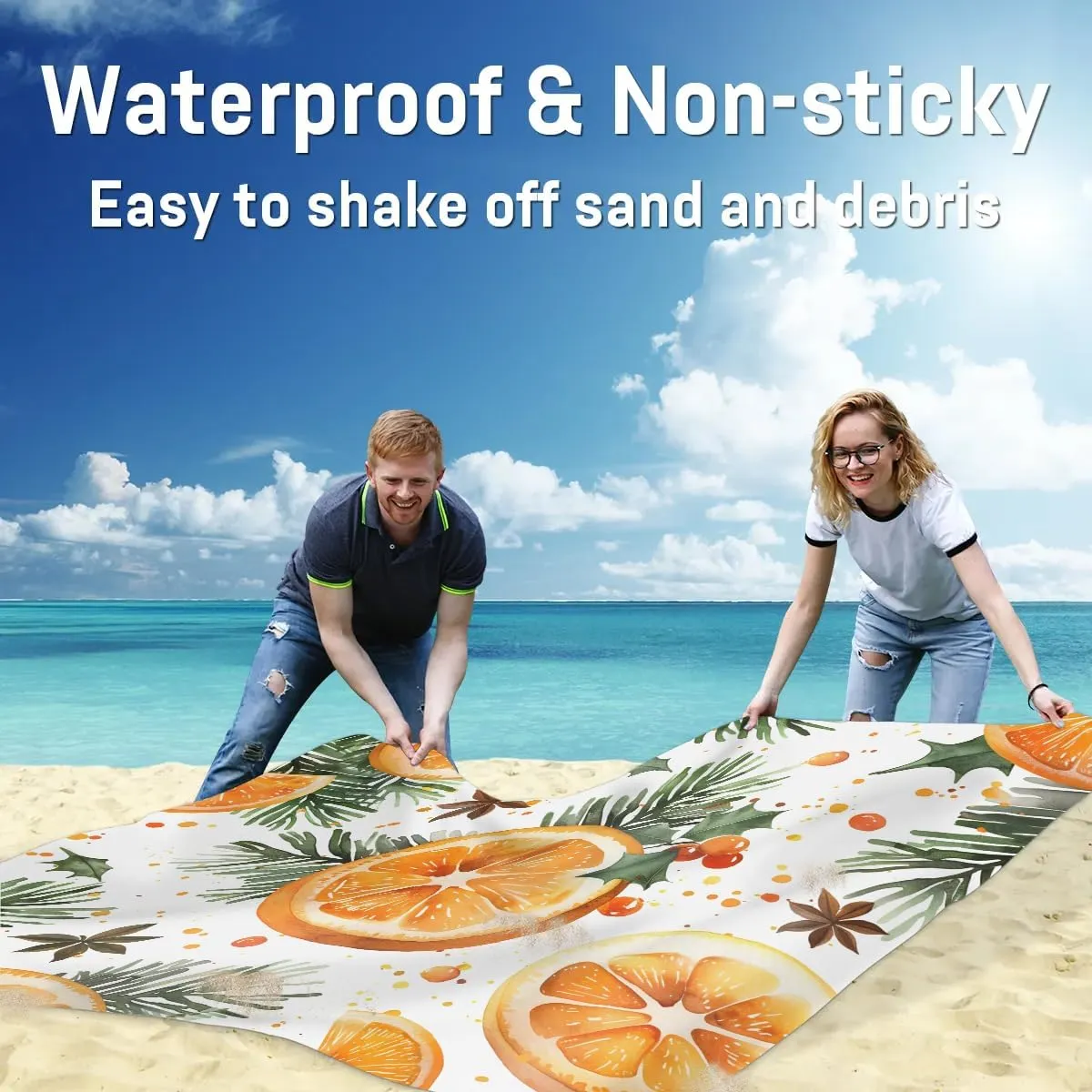 Orange Lemon Beach Blanket, Sandproof Beach Mat, 68 x 59 Waterproof Quick Drying Sand Free Mat with 4 x Ground Spikes for Outdoor Travel Camping Hiking, Orange Fruit