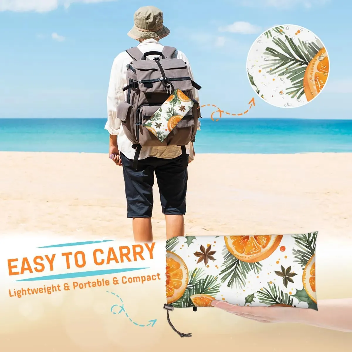 Orange Lemon Beach Blanket, Sandproof Beach Mat, 68 x 59 Waterproof Quick Drying Sand Free Mat with 4 x Ground Spikes for Outdoor Travel Camping Hiking, Orange Fruit