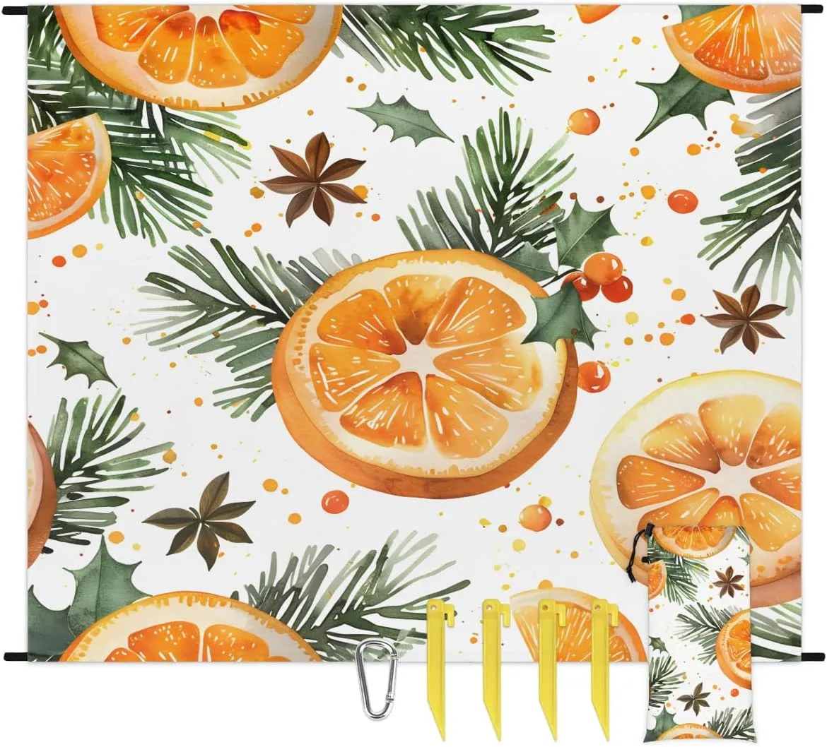 Orange Lemon Beach Blanket, Sandproof Beach Mat, 68 x 59 Waterproof Quick Drying Sand Free Mat with 4 x Ground Spikes for Outdoor Travel Camping Hiking, Orange Fruit