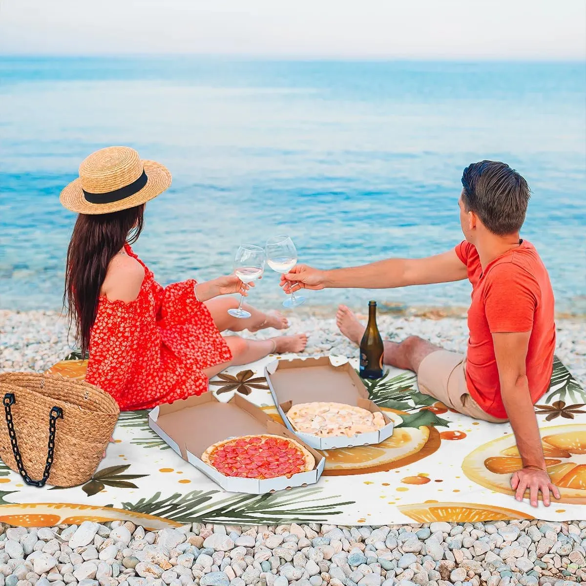 Orange Lemon Beach Blanket, Sandproof Beach Mat, 68 x 59 Waterproof Quick Drying Sand Free Mat with 4 x Ground Spikes for Outdoor Travel Camping Hiking, Orange Fruit