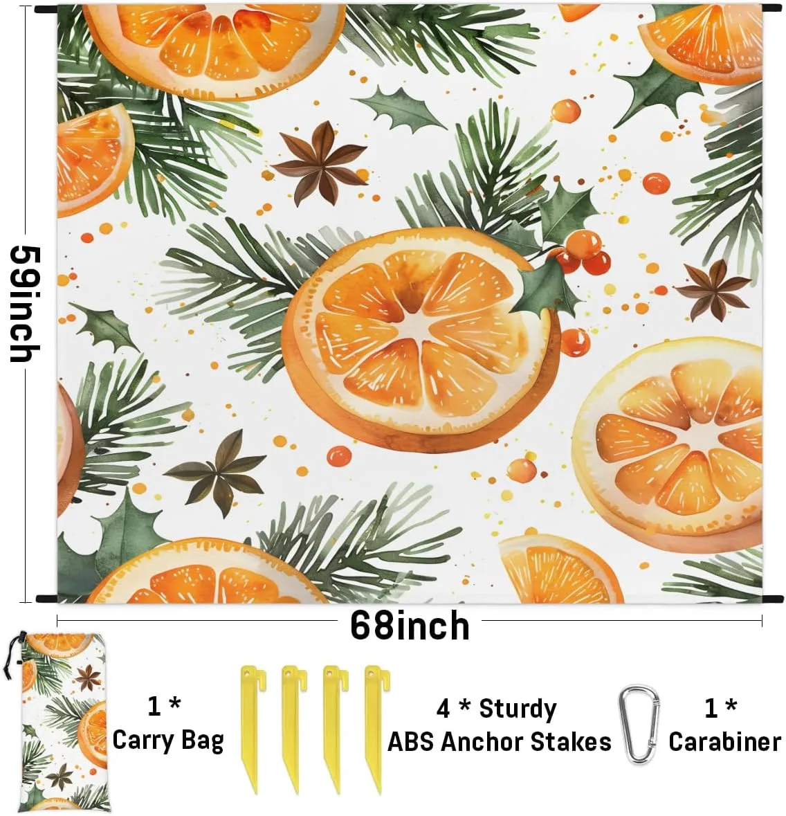 Orange Lemon Beach Blanket, Sandproof Beach Mat, 68 x 59 Waterproof Quick Drying Sand Free Mat with 4 x Ground Spikes for Outdoor Travel Camping Hiking, Orange Fruit