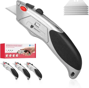 ORIENTOOLS Utility Knife Box Cutter Heavy Duty Retractable, 3 Position Locking Blade, Black and Silver… (3-Pack)