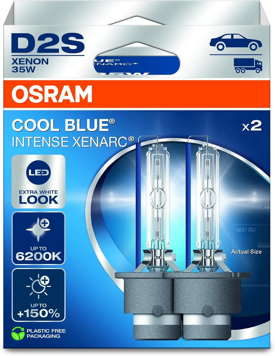 Osram XENARC® Cool Blue® Intense D2S,  150% More Brightness, Up to 6,200K, Xenon Headlight Lamp, LED Look, Hanging Folding Box (2 Lamps)