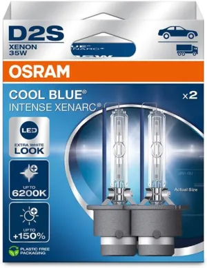 Osram XENARC® Cool Blue® Intense D2S,  150% More Brightness, Up to 6,200K, Xenon Headlight Lamp, LED Look, Hanging Folding Box (2 Lamps)
