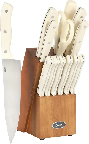 Oster Evansville 14 Piece Cutlery Kitchen Knife Block Set, Stainless Steel w/Linen White Handles - Cuchillos Para Cocina