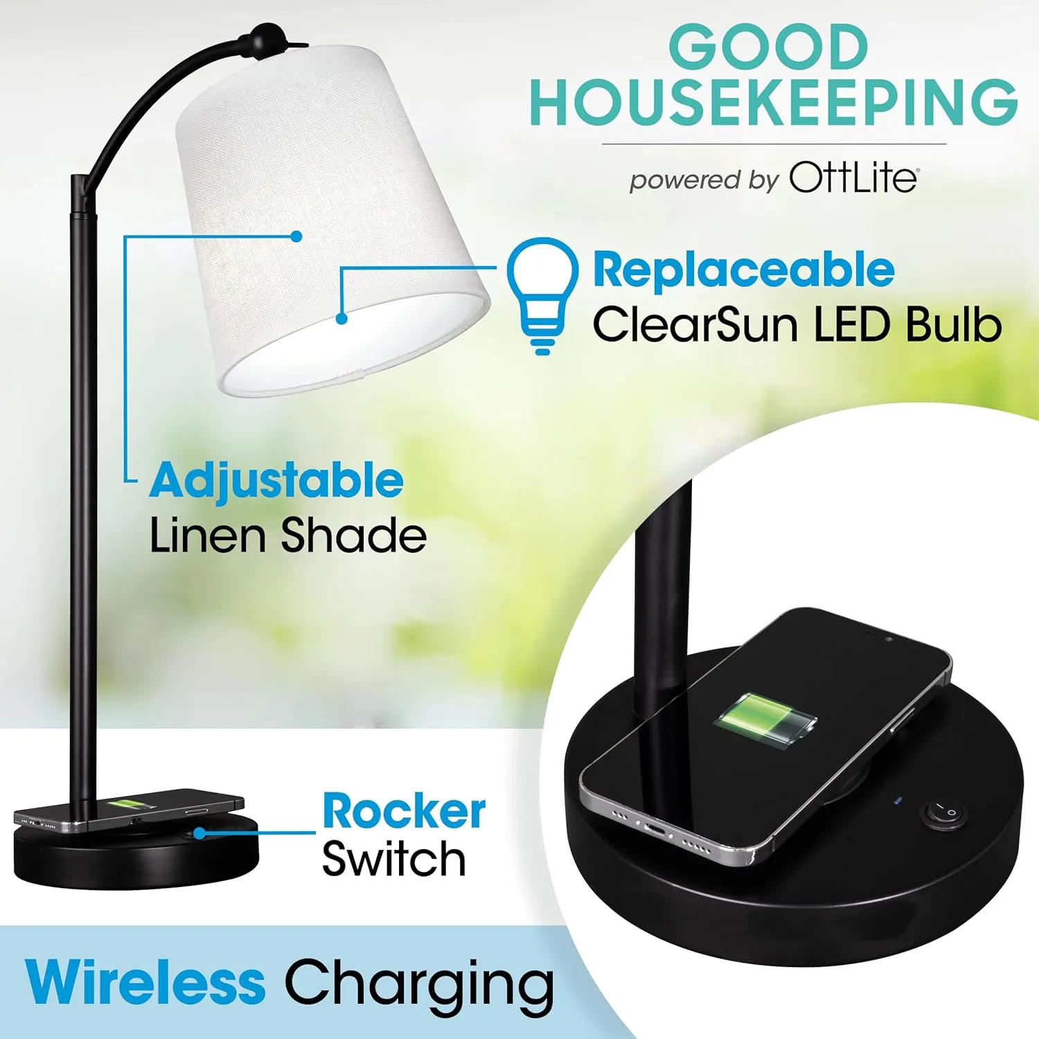 OttLite Good Housekeeping Shaded LED Desk Lamp with Wireless Charging Pad - Designed to Reduce Eyestrain - Adjustable Shade, Replaceable ClearSun LED Bulb, Crafting, Reading Light & Studying Lamp