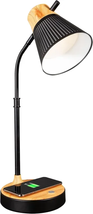OttLite Wellness Series Wireless Charging LED Table Lamp, LED Desk Lamp and Book Light, Reading Light, Great Desk Lights for Home Office, Black with Woodgrain Accents