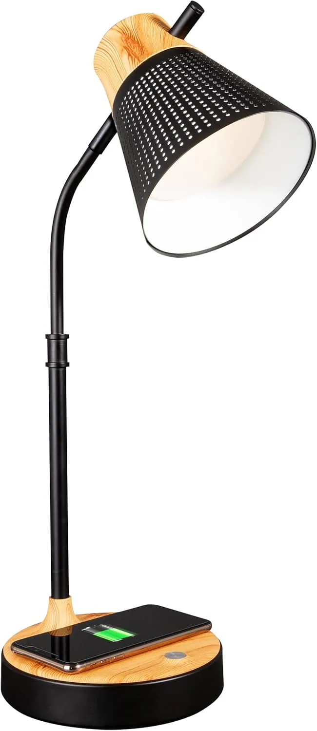 OttLite Wellness Series Wireless Charging LED Table Lamp, LED Desk Lamp and Book Light, Reading Light, Great Desk Lights for Home Office, Black with Woodgrain Accents