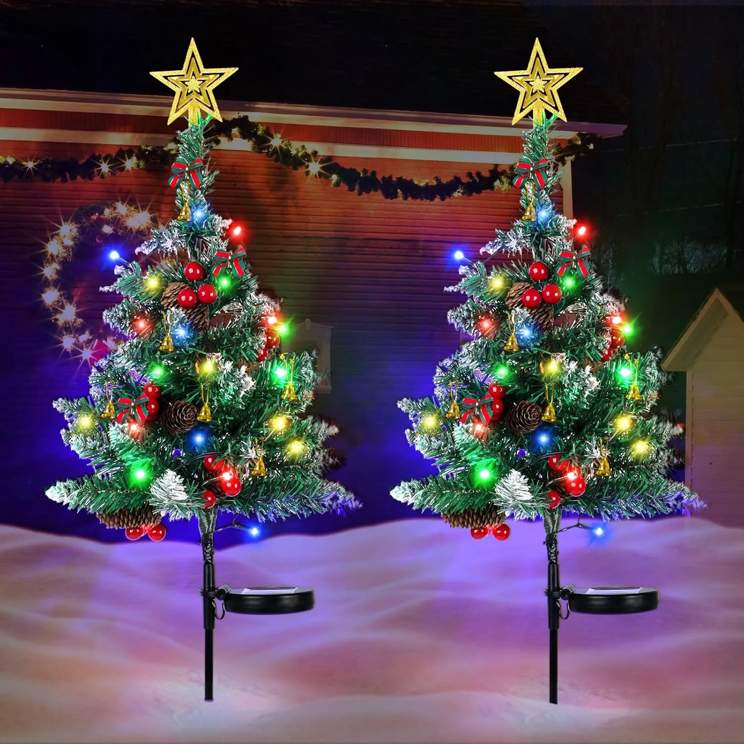 OurWarm 2Pcs Solar Christmas Tree Lights Outdoor Decorations, 20 LEDs Path Lights 8-Mode Flickering, Small Mini Solar Christmas Tree for Outside Yard Pathway Garden Grave Cemetery Xmas Decor