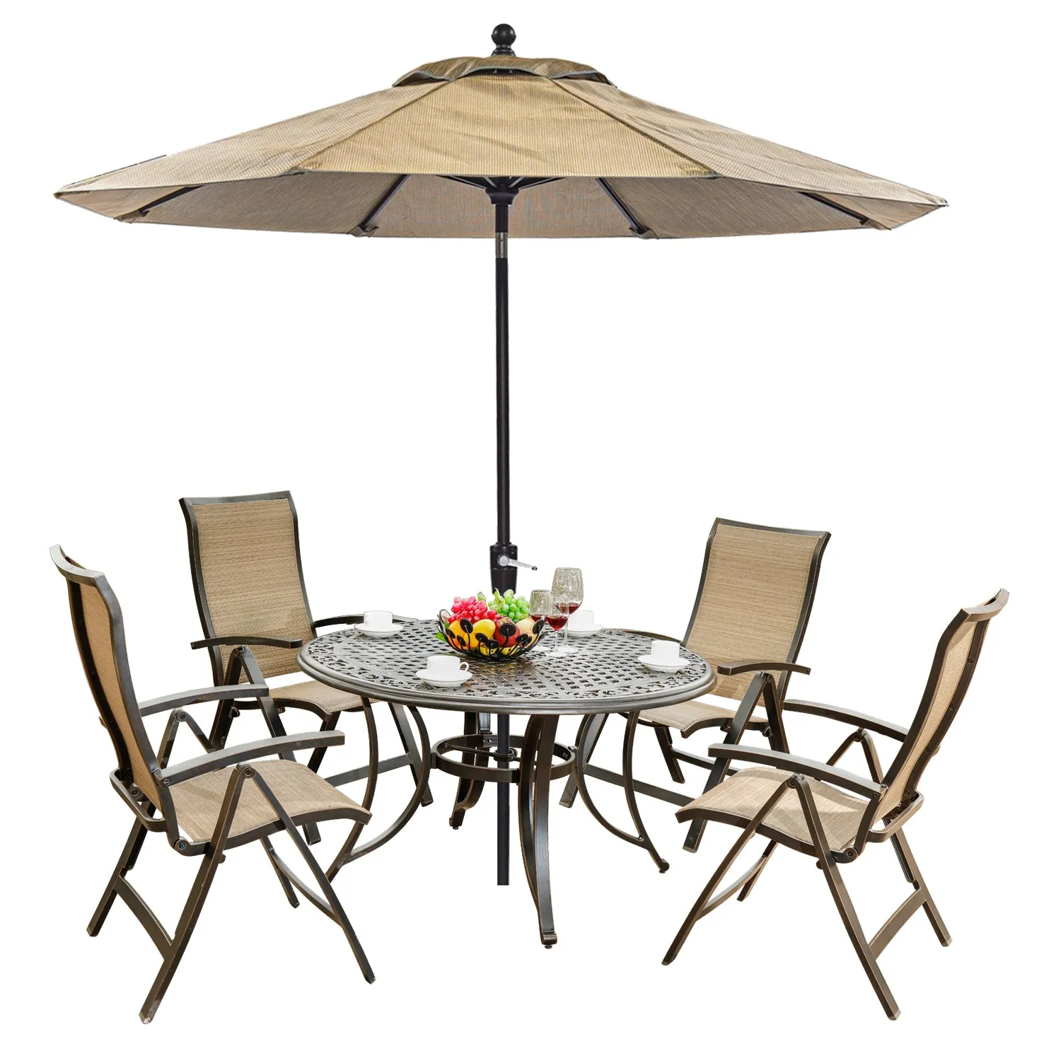 Outdoor 6 Piece of Folding Chairs,48" Dining Table and Patio Umbrella