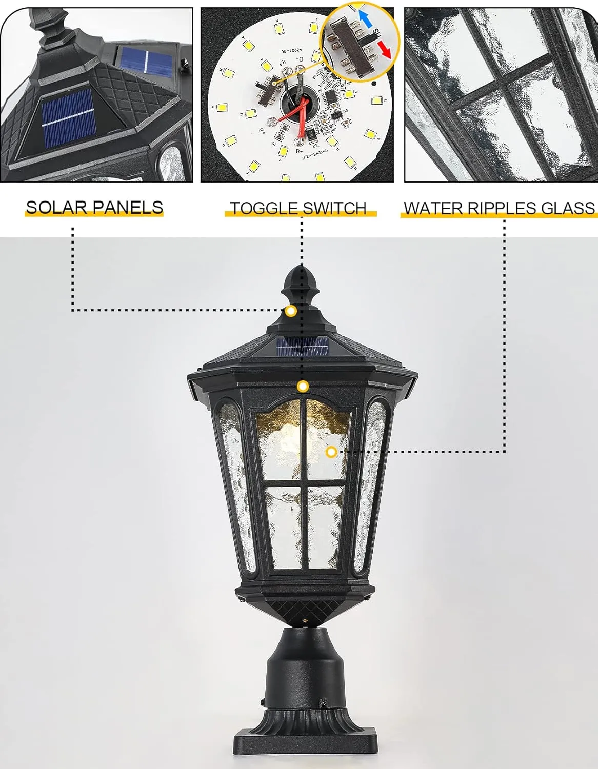 Outdoor Solar Lamp Post Light with 3-Inch Pier Mount Base, Solar Post Lights Outdoor Classic Die Cast Aluminum with Water Glass, Solar Pillar Light for Gate Column, Driveway, 20.5''H, Matte Black