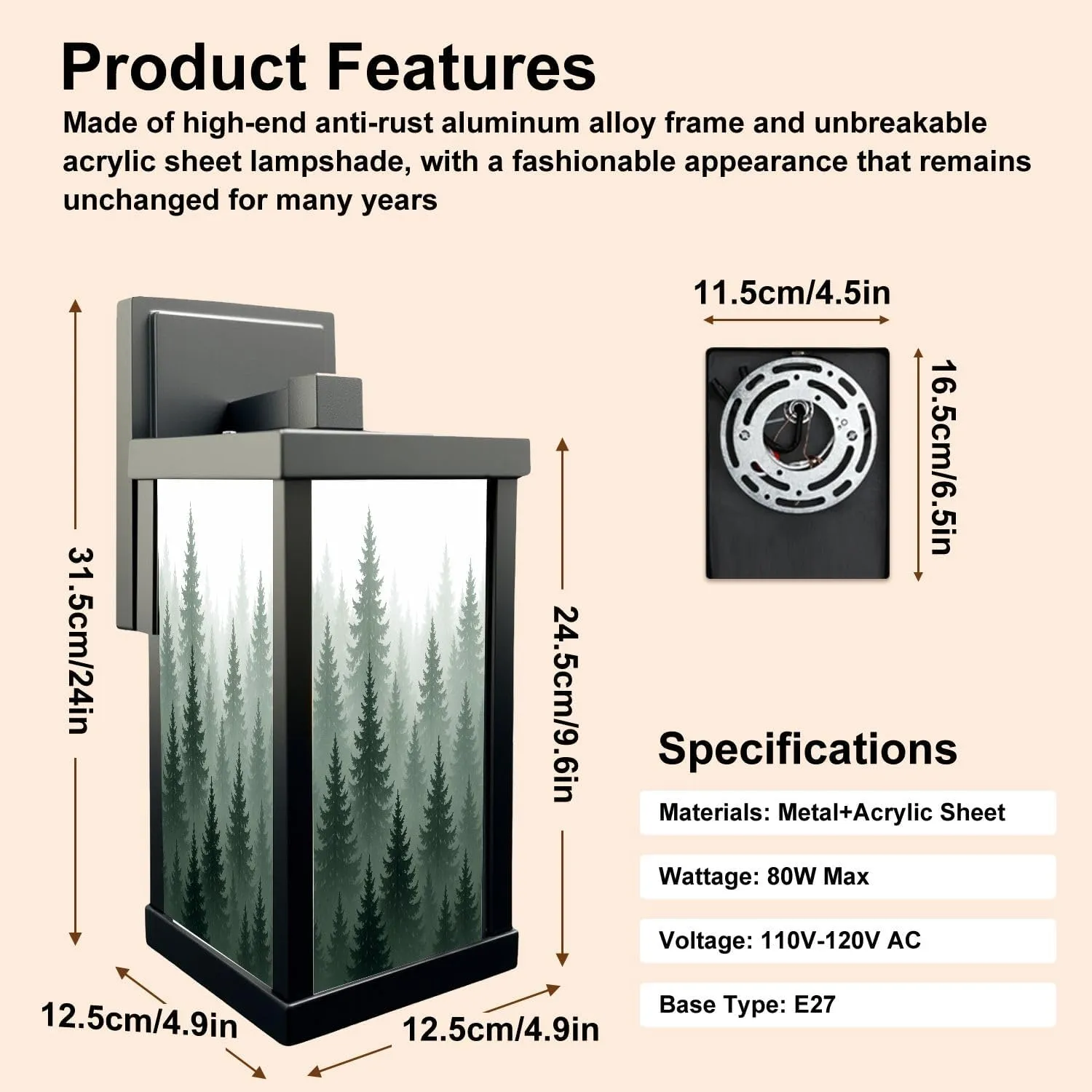 Outdoor Wall Lights Forest Nature Landscape Evergreen coniferous Trees Pine Spruce Black Patio Light Fixture Waterproof Wall Sconce Lamp for Patio Deals Front Porch Decor Backyard Garage