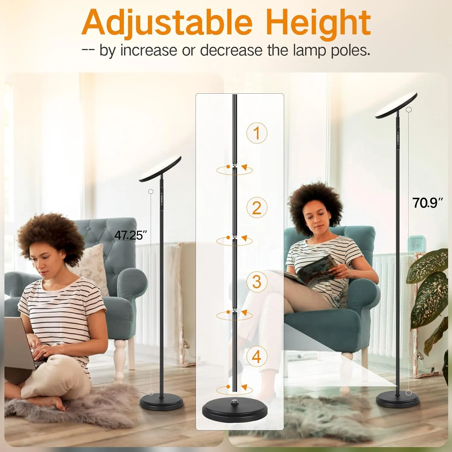 OUTON LED Floor Lamp, 30W Dimmable Bright Torchiere Sky Lamp Compatible with Alexa Google Home, App, Remote,Touch Control, Standing Lamp with 4 Color Temperature for Living Room Bedroom Office, Black