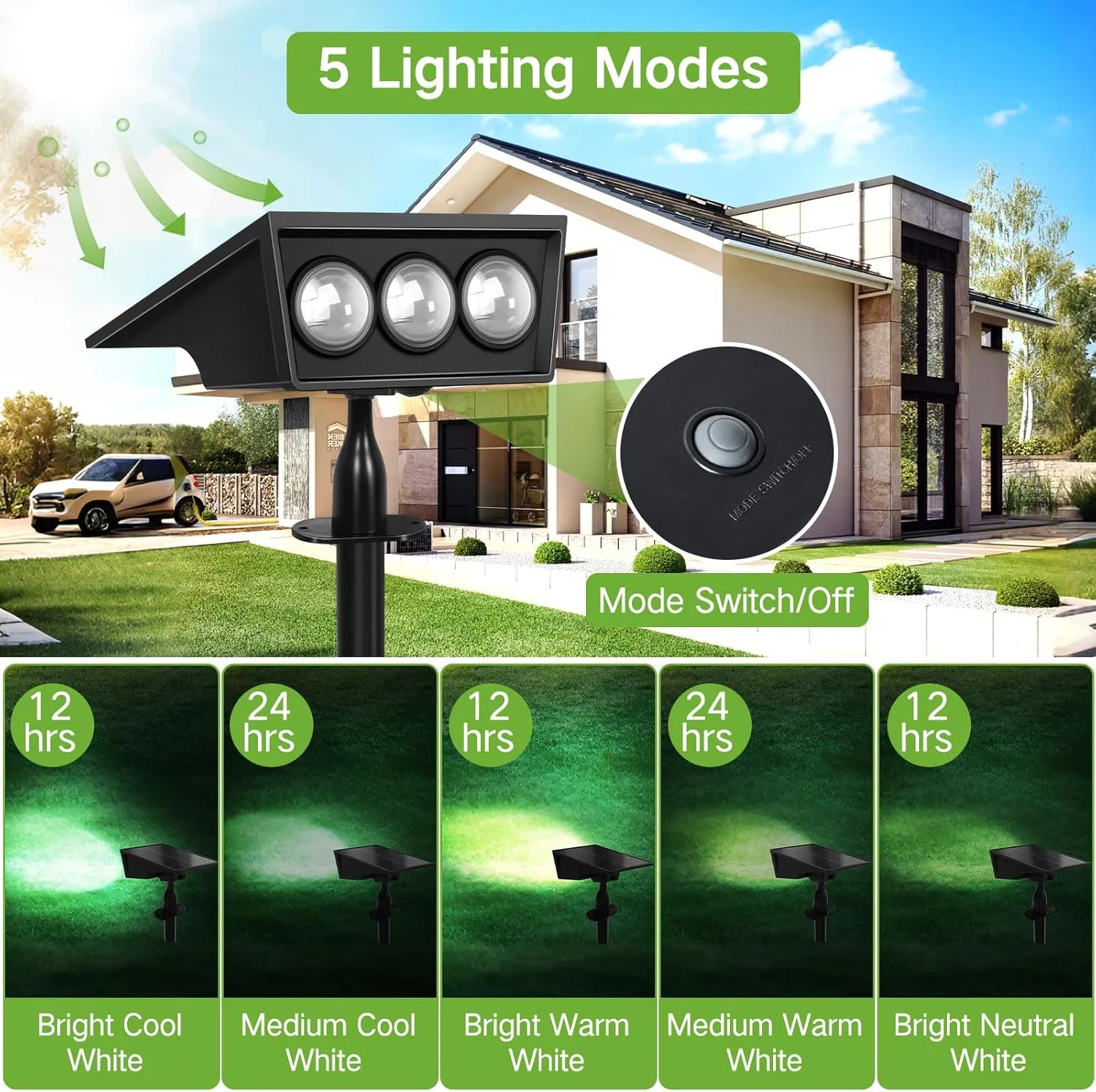OUTON Solar Spot Lights Outdoor, 5 Lighting Modes IP65 Waterproof Solar Powered Garden Light, Dusk-to-Dawn Auto On/Off Outside Light, LED Spotlights for Landscape Yard Pathway House, 2 Pack