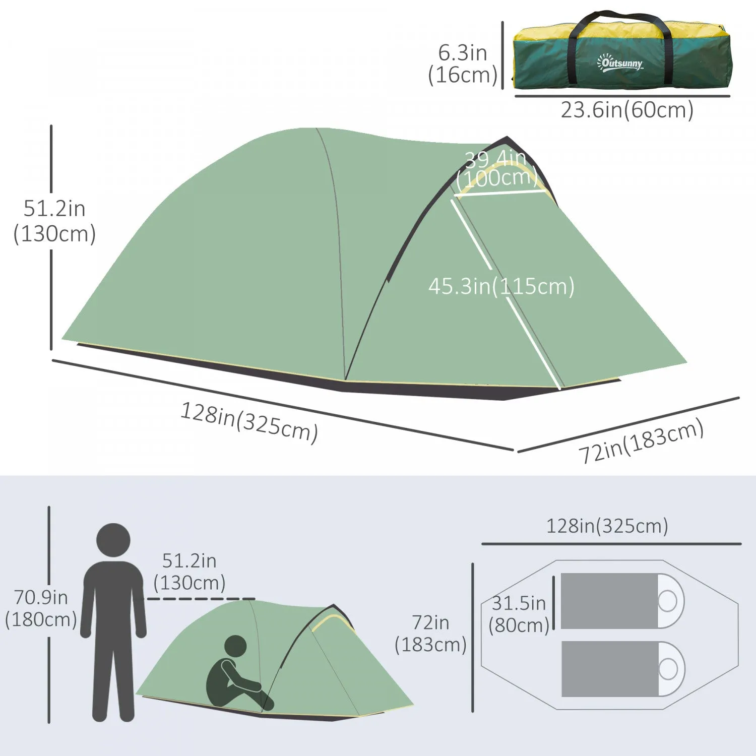 Outsunny 2-3 Person Camping Tent With Weatherproof Vestibule, 2 Rooms, Backpacking Tent With 2 Mesh |Outsunny Tente De Camping Dome Avec Vestibule Pour 2-3 Personnes Avec Vestibule Resistant Aux Intemp