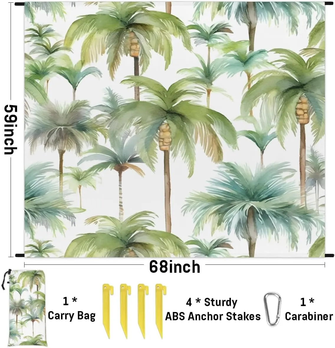 Palm Tree Beach Blanket, Sandproof Beach Mat, 68 x 59 Waterproof Quick Drying Sand Free Mat with 4 x Ground Spikes for Outdoor Travel Camping Hiking, Tropical Palm Trees