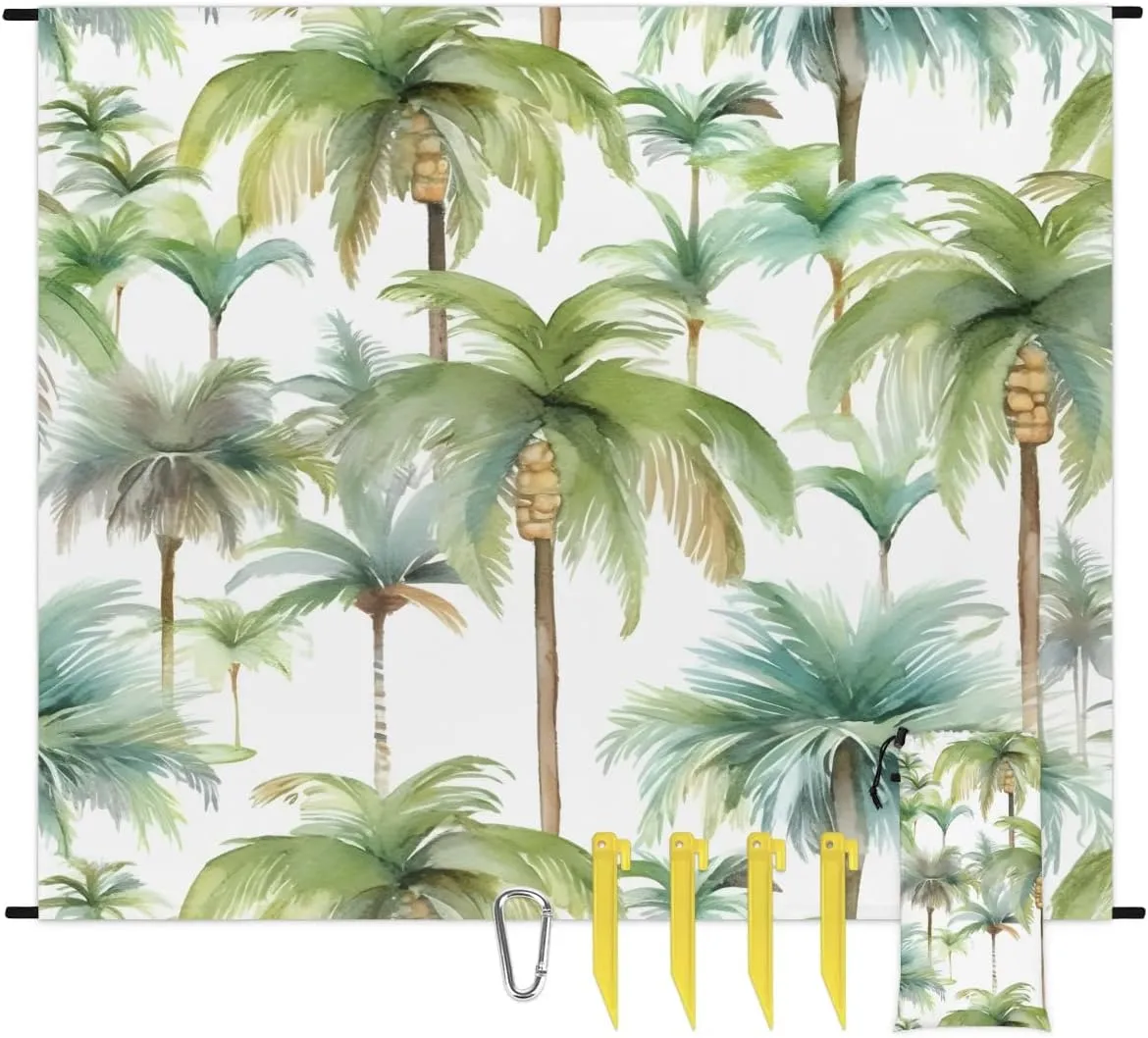Palm Tree Beach Blanket, Sandproof Beach Mat, 68 x 59 Waterproof Quick Drying Sand Free Mat with 4 x Ground Spikes for Outdoor Travel Camping Hiking, Tropical Palm Trees