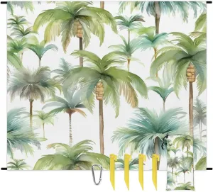 Palm Tree Beach Blanket, Sandproof Beach Mat, 68 x 59 Waterproof Quick Drying Sand Free Mat with 4 x Ground Spikes for Outdoor Travel Camping Hiking, Tropical Palm Trees
