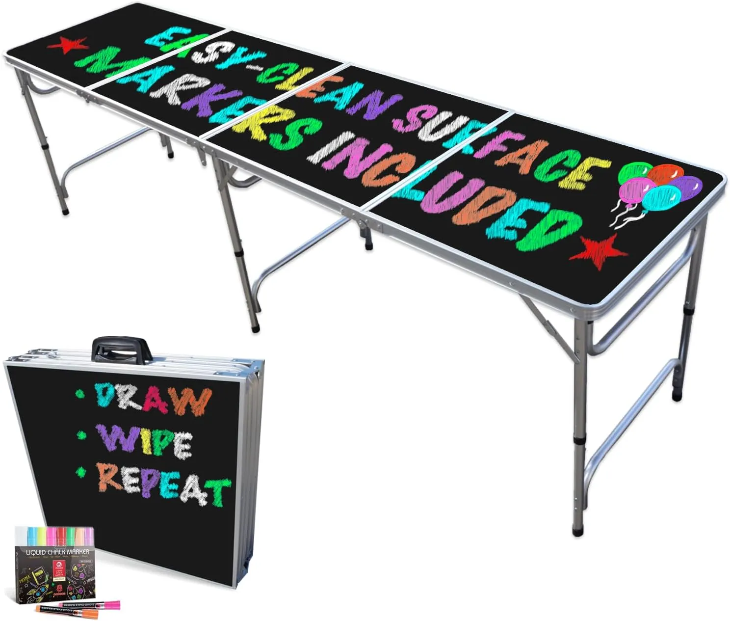PARTYPONG PartyTable 8 Foot or 4 Foot Portable Folding Adjustable Table w/Erasable Surface - Perfect for Art, Classrooms, Birthday Parties, Picnics, BBQs & More!