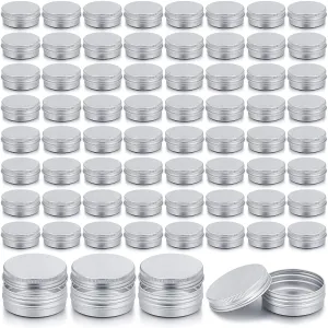 Patelai 64 Pieces Lip Balm Tin Containers Screw Top Round Tin Cans Aluminum Jar with Screw Lid, Empty Bottle Travel Cosmetic Sample Container for DIY(1 oz,Silver)