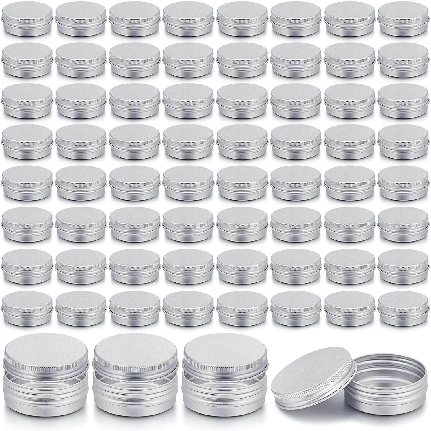 Patelai 64 Pieces Lip Balm Tin Containers Screw Top Round Tin Cans Aluminum Jar with Screw Lid, Empty Bottle Travel Cosmetic Sample Container for DIY(1 oz,Silver)