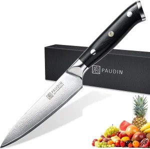 PAUDIN Damascus Kitchen Knife, 67-Layer Forged Blade, Ultra Sharp Edge, Stainless Steel, Full Tang G10 Handle with Triple Rivets, 5" Paring Knife for Cutting Fruit and Vegetables