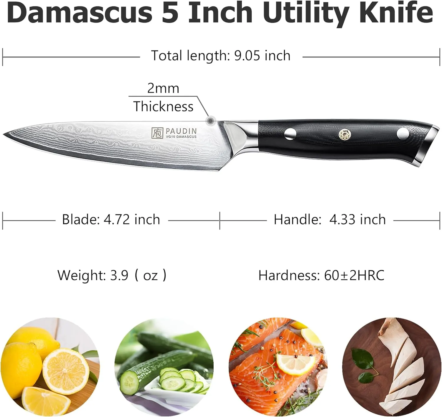 PAUDIN Damascus Kitchen Knife, 67-Layer Forged Blade, Ultra Sharp Edge, Stainless Steel, Full Tang G10 Handle with Triple Rivets, 5" Paring Knife for Cutting Fruit and Vegetables