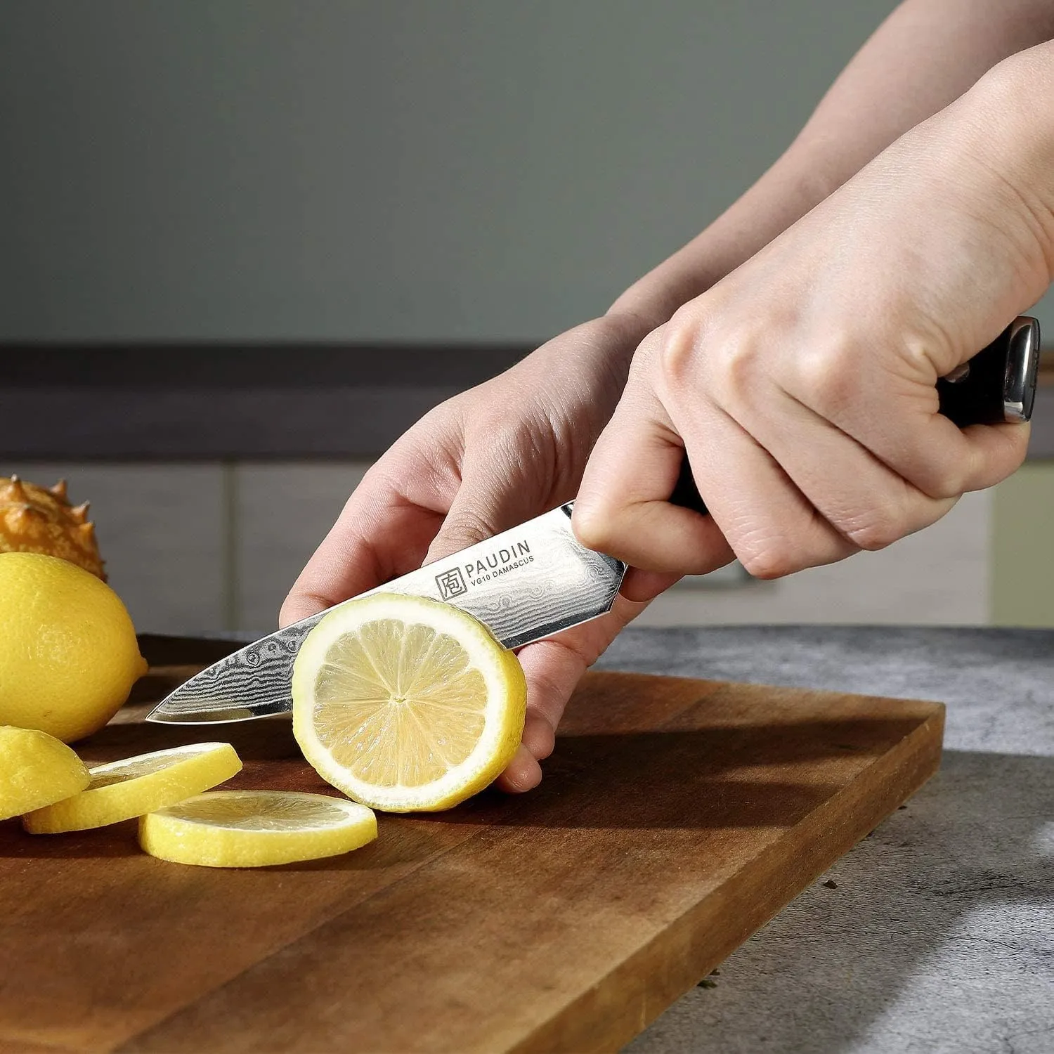 PAUDIN Damascus Kitchen Knife, 67-Layer Forged Blade, Ultra Sharp Edge, Stainless Steel, Full Tang G10 Handle with Triple Rivets, 5" Paring Knife for Cutting Fruit and Vegetables