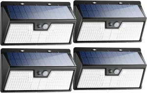 Peasur 318LED Solar Lights Outdoor Motion Sensor, 4 Pack Solar Powered Fence Wall Light IP65 Waterproof, 3 Modes Security Lighting for Outside Yard Patio Deck Step