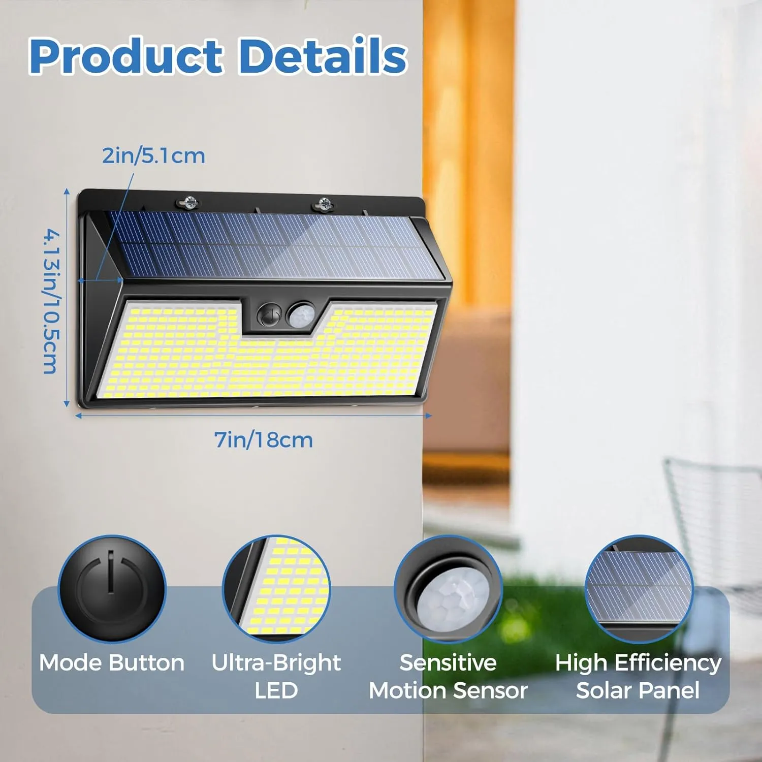 Peasur 318LED Solar Lights Outdoor Motion Sensor, 4 Pack Solar Powered Fence Wall Light IP65 Waterproof, 3 Modes Security Lighting for Outside Yard Patio Deck Step