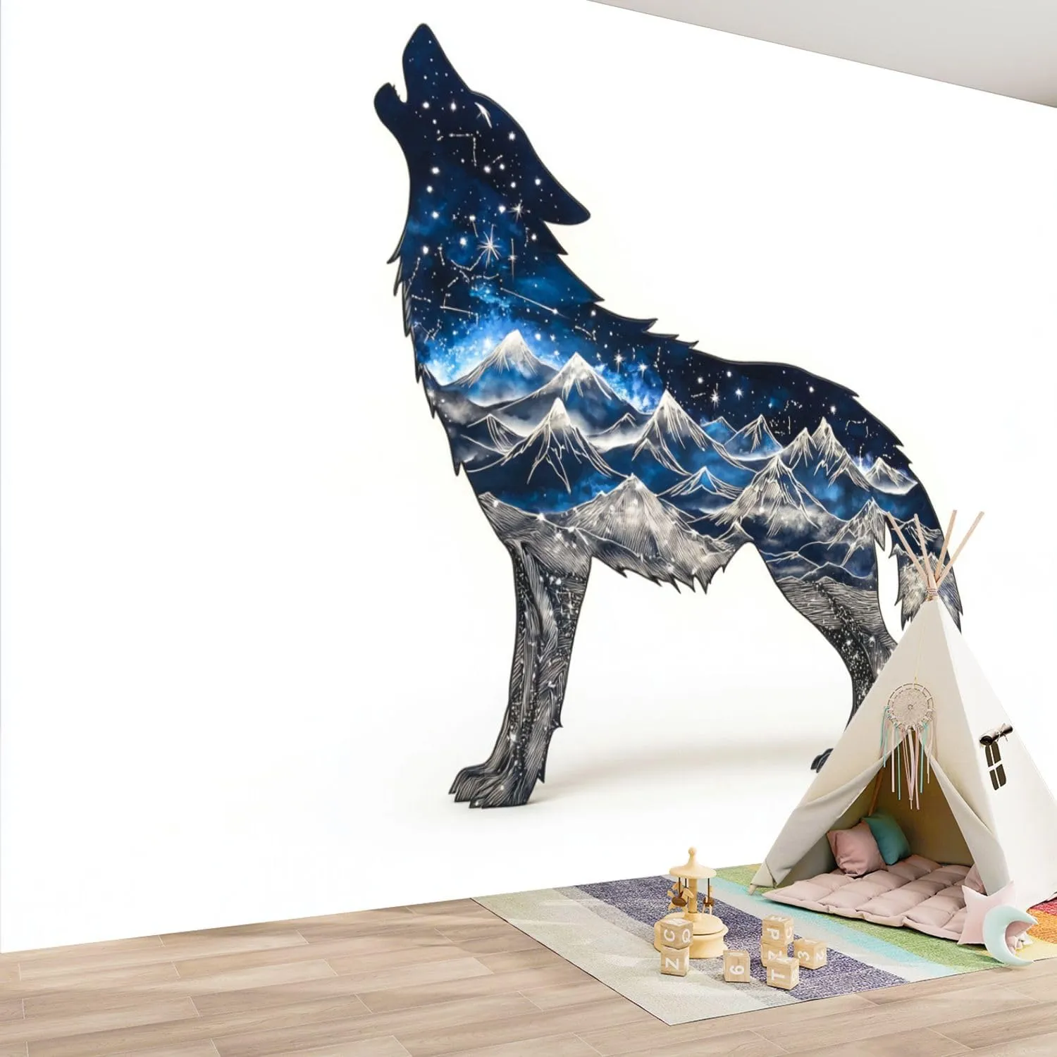 Peel & Stick Wallpaper Mystic Wolf Howl Art Stars Mountain Ranges Removable Waterproof Wall Mural Large Canvas Self Adhesive Wall Decals Modern Home Decor Sticker 100"x144"