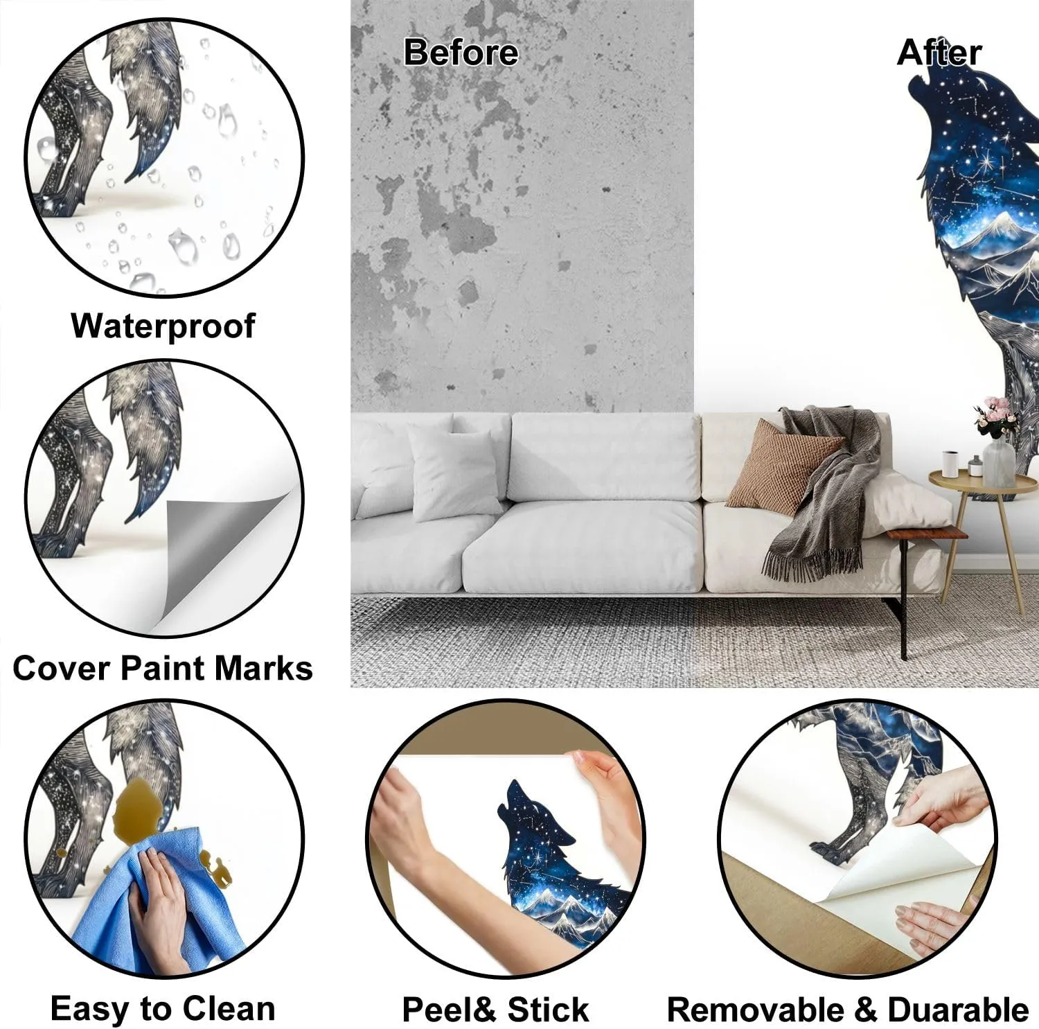Peel & Stick Wallpaper Mystic Wolf Howl Art Stars Mountain Ranges Removable Waterproof Wall Mural Large Canvas Self Adhesive Wall Decals Modern Home Decor Sticker 100"x144"