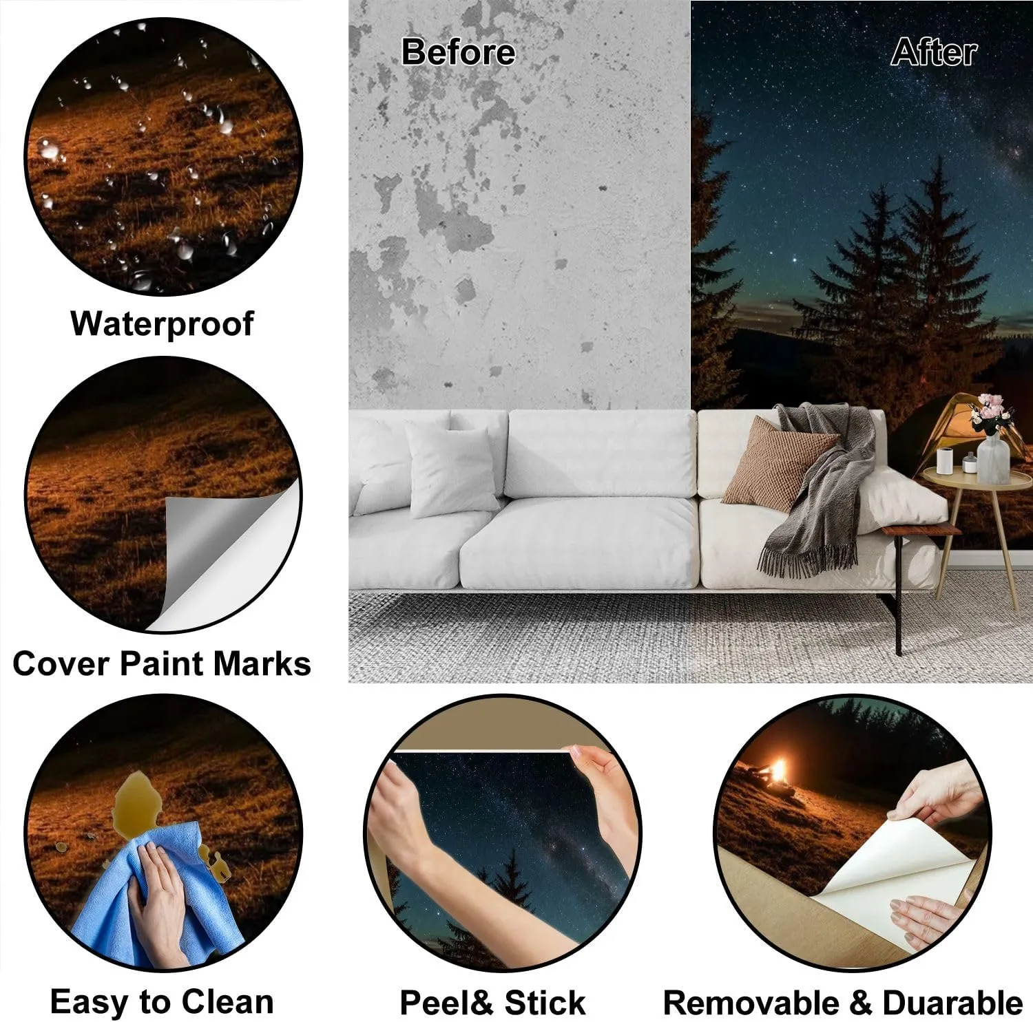 Peel & Stick Wallpaper Night Camping Illuminated Tent Campfire Forest Under Beautiful Night Removable Waterproof Wall Mural Large Canvas Self Adhesive Wall Decals Modern Home Decor Sticker 69"x96"