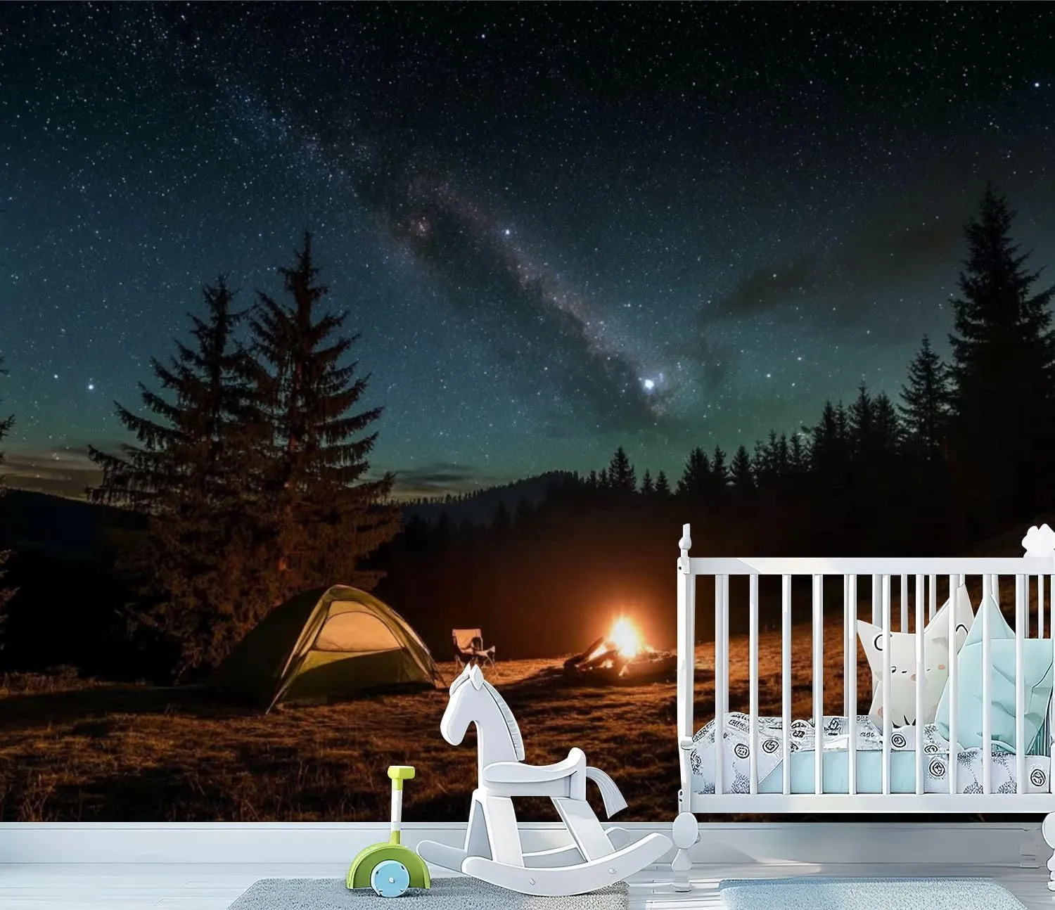 Peel & Stick Wallpaper Night Camping Illuminated Tent Campfire Forest Under Beautiful Night Removable Waterproof Wall Mural Large Canvas Self Adhesive Wall Decals Modern Home Decor Sticker 69"x96"