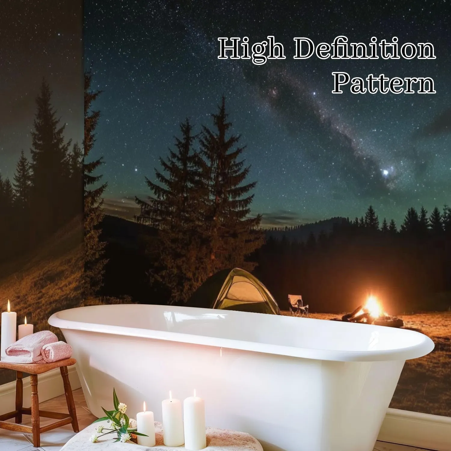 Peel & Stick Wallpaper Night Camping Illuminated Tent Campfire Forest Under Beautiful Night Removable Waterproof Wall Mural Large Canvas Self Adhesive Wall Decals Modern Home Decor Sticker 69"x96"