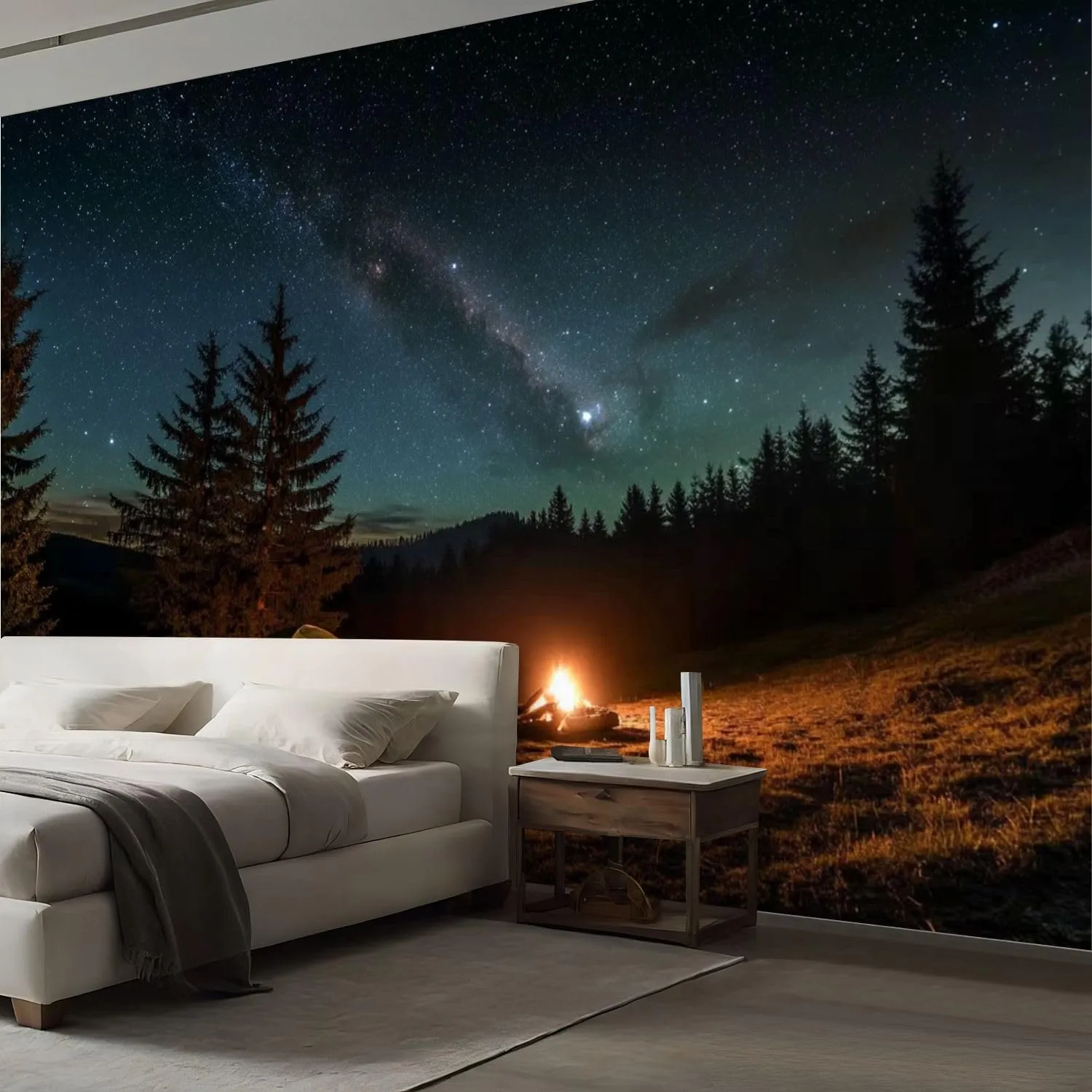Peel & Stick Wallpaper Night Camping Illuminated Tent Campfire Forest Under Beautiful Night Removable Waterproof Wall Mural Large Canvas Self Adhesive Wall Decals Modern Home Decor Sticker 69"x96"