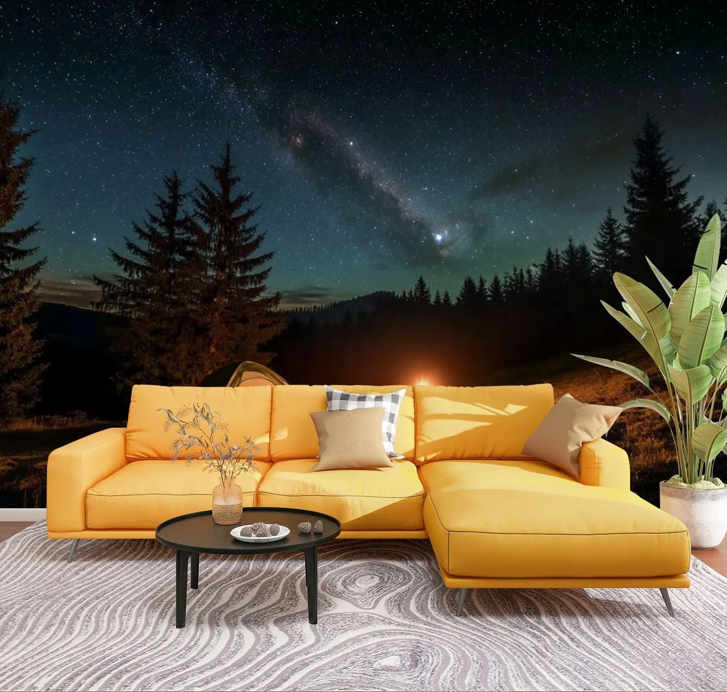 Peel & Stick Wallpaper Night Camping Illuminated Tent Campfire Forest Under Beautiful Night Removable Waterproof Wall Mural Large Canvas Self Adhesive Wall Decals Modern Home Decor Sticker 69"x96"