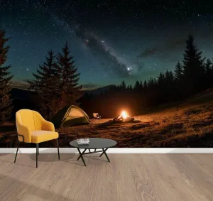 Peel & Stick Wallpaper Night Camping Illuminated Tent Campfire Forest Under Beautiful Night Removable Waterproof Wall Mural Large Canvas Self Adhesive Wall Decals Modern Home Decor Sticker 69"x96"