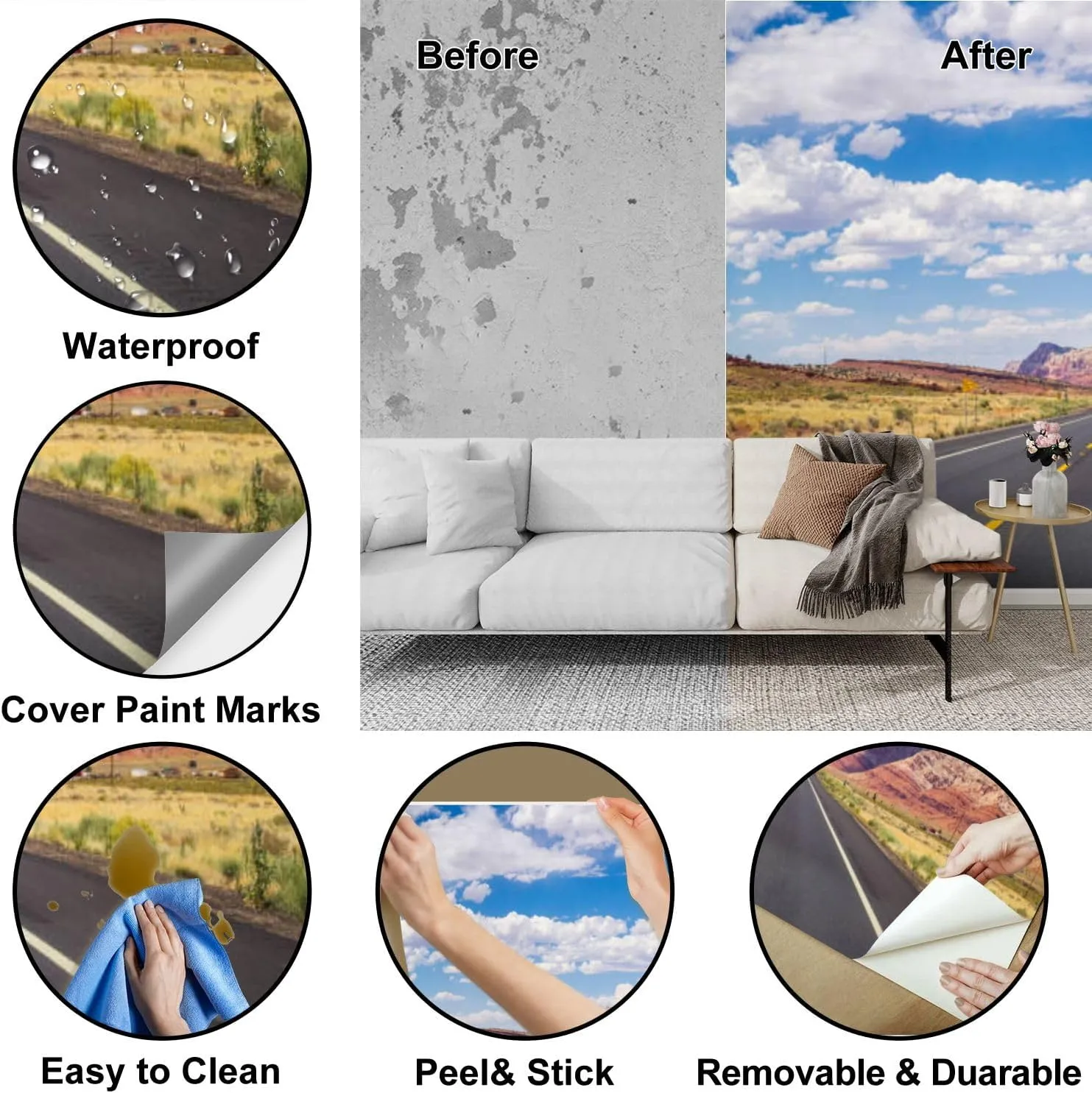Peel & Stick Wallpaper Picturesque Road Arizona red Stone Cliffs Blue Sky Removable Waterproof Wall Mural Large Canvas Self Adhesive Wall Decals Modern Home Decor Sticker 69"x96"