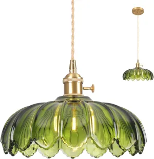 Pendant Lights Kitchen Island,Green Glass Pendant Light Vintage Light Fixtures,9.8inch E26 Contains one 3000K Bulb,Flower Finish Ceiling Hanging Lamp for Bedroom Living Room Hallway 1 Light