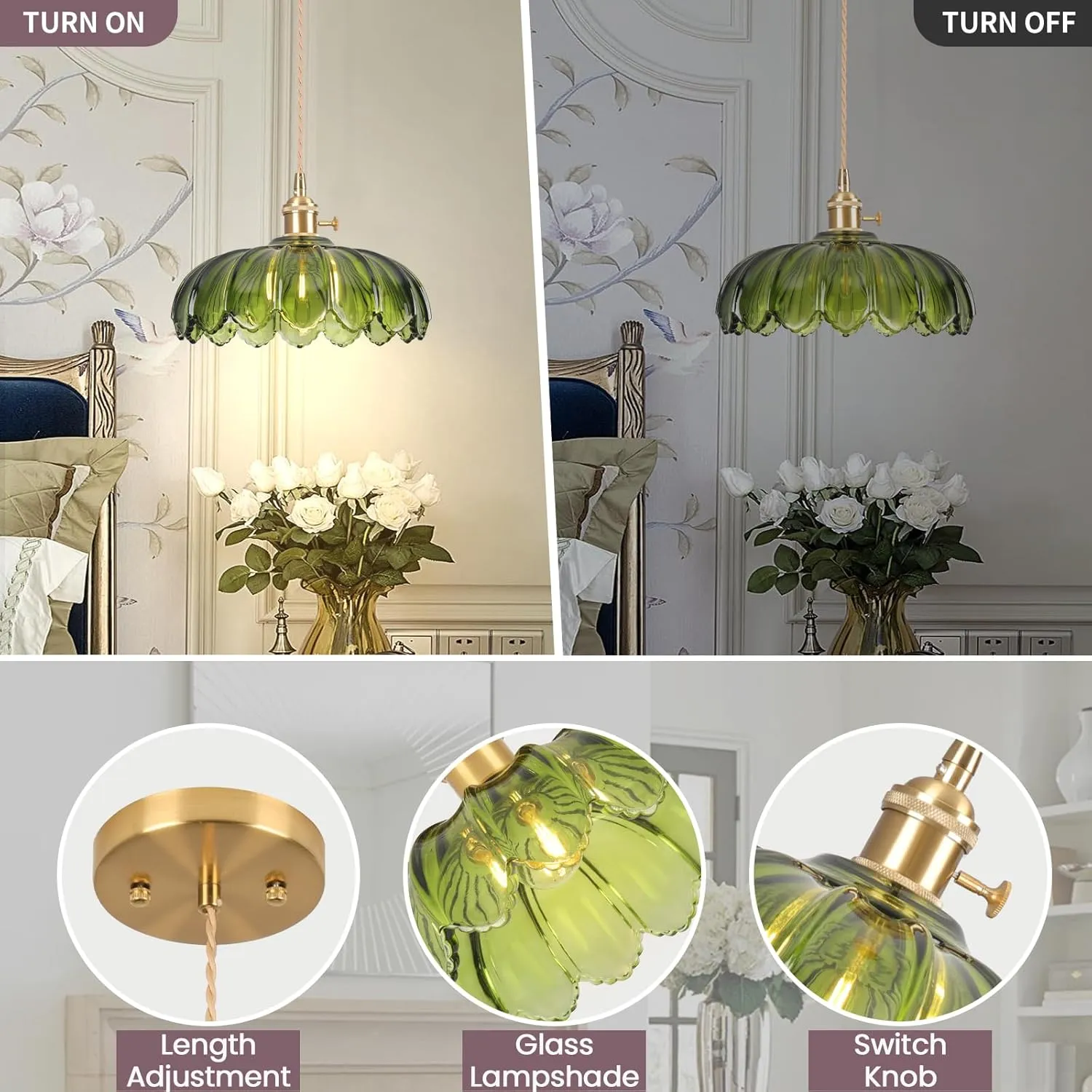Pendant Lights Kitchen Island,Green Glass Pendant Light Vintage Light Fixtures,9.8inch E26 Contains one 3000K Bulb,Flower Finish Ceiling Hanging Lamp for Bedroom Living Room Hallway 1 Light