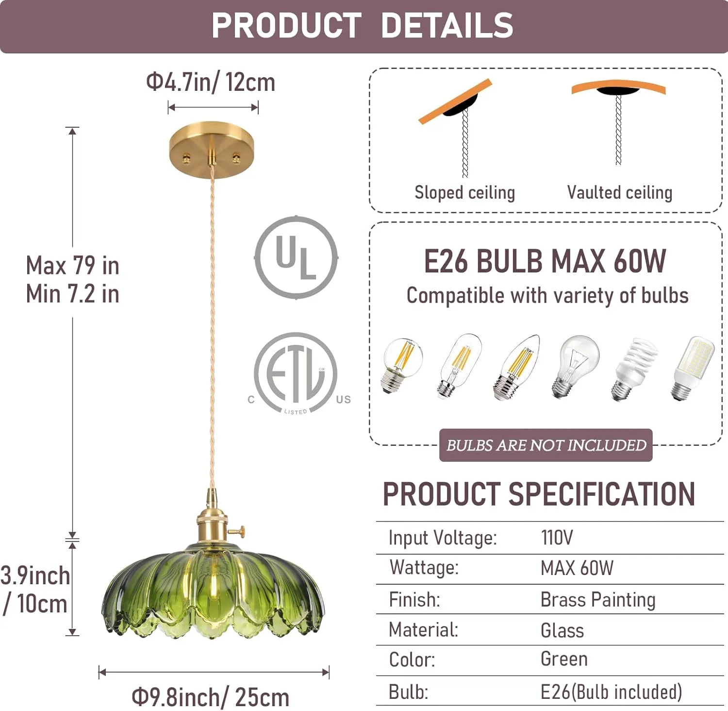 Pendant Lights Kitchen Island,Green Glass Pendant Light Vintage Light Fixtures,9.8inch E26 Contains one 3000K Bulb,Flower Finish Ceiling Hanging Lamp for Bedroom Living Room Hallway 1 Light
